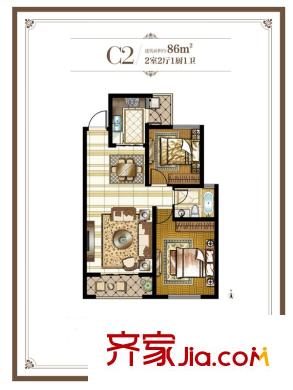 鉑瑞公館C2戶型 2室2廳1衛(wèi)1廚