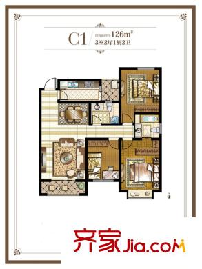 鉑瑞公館C1戶型 3室2廳2衛(wèi)1廚