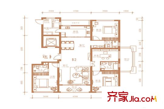 群賢道九平方米B2戶型 4室2廳3衛(wèi)1廚