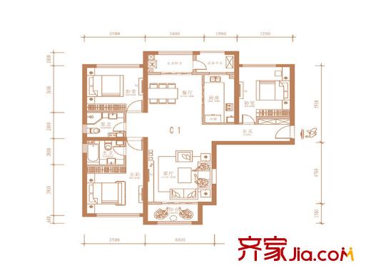 群賢道九平方米C1戶型 3室2廳2衛(wèi)1廚