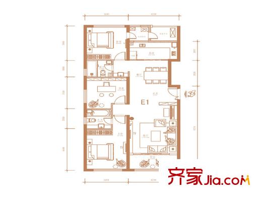群賢道九平方米E1戶型 3室2廳2衛(wèi)1廚
