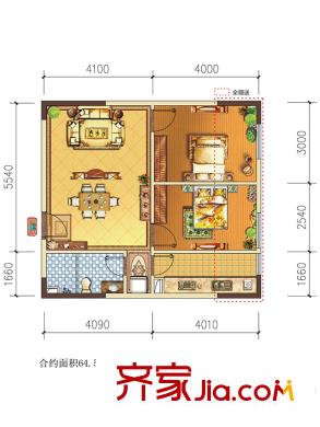 萊安星座22號(hào)樓64.58平戶(hù)型 2室2廳1衛(wèi)1廚