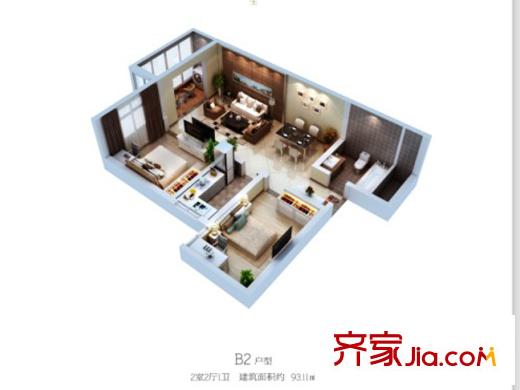 匯林?U家公館B2立體戶型圖 2室2廳1衛(wèi)1廚