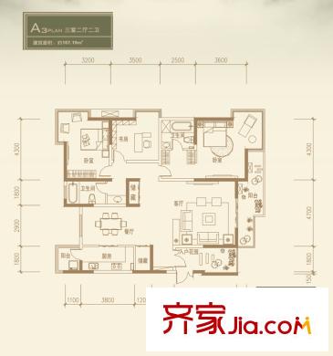 九錦臺(tái)1號(hào)樓1單元西戶 A3戶型 3室2廳2衛(wèi)1廚