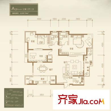 九錦臺(tái)1號(hào)樓1單元西戶 A2戶型 3室2廳2衛(wèi)1廚