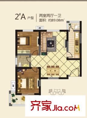 鉑廷2#A戶型 2室2廳1衛(wèi)1廚