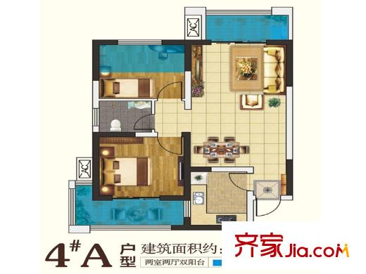 鉑廷4#A戶型 2室2廳1衛(wèi)1廚