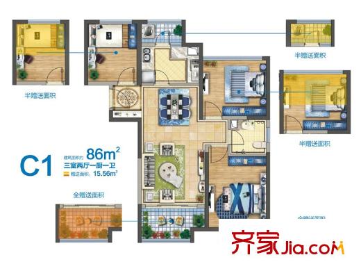 西恩DADA4#、5#C1戶型 3室2廳1衛(wèi)1廚