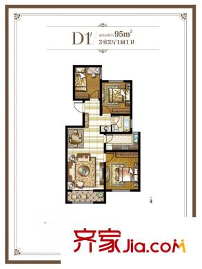 鉑瑞公館D1'戶型 3室2廳1衛(wèi)1廚