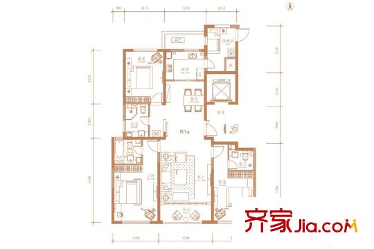 群賢道九平方米B1a戶型 4室2廳1衛(wèi)3廚
