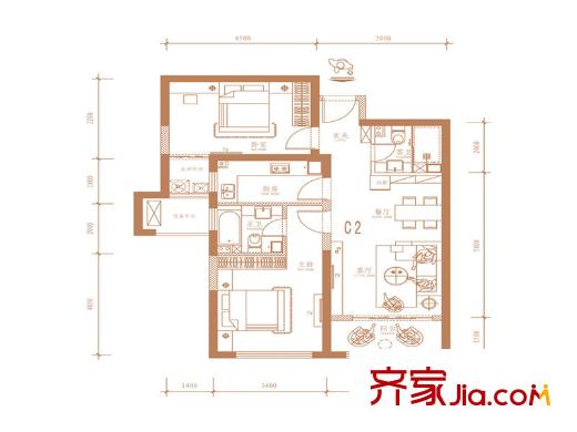群賢道九平方米C2戶型 2室2廳2衛(wèi)1廚