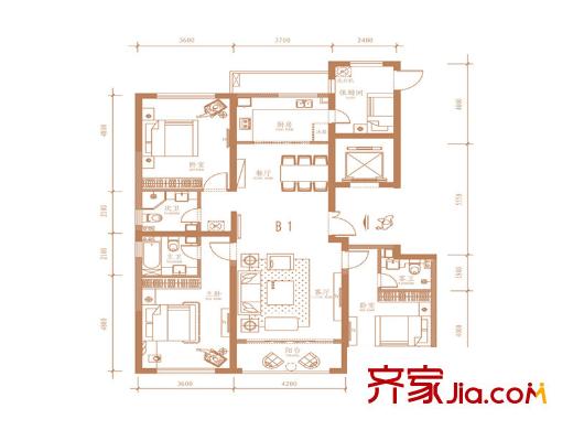 群賢道九平方米B1戶型 4室2廳3衛(wèi)1廚