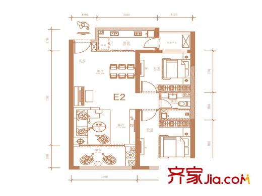群賢道九平方米E2戶型 2室2廳1衛(wèi)2廚