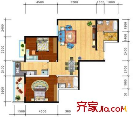 紫氣東來1、2、3號樓D戶型圖 2室2廳2衛(wèi)1廚