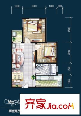 漢城湖一號D-A戶型圖 2室2廳1衛(wèi)1廚
