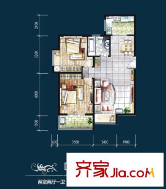 漢城湖一號D-C戶型圖 2室2廳1衛(wèi)1廚