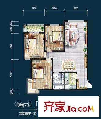 漢城湖一號D-B戶型圖 3室2廳1衛(wèi)1廚
