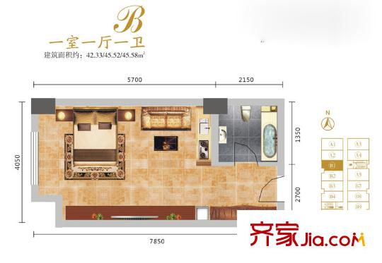 紫郡華宸公寓B戶型 1室1廳1衛(wèi)1廚
