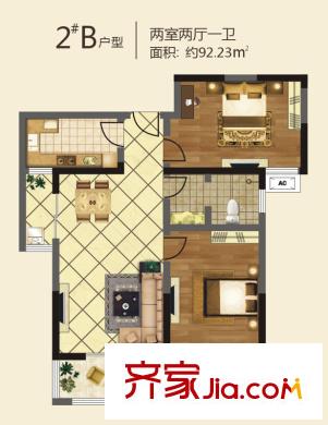 鉑廷2#B戶型 2室2廳1衛(wèi)1廚