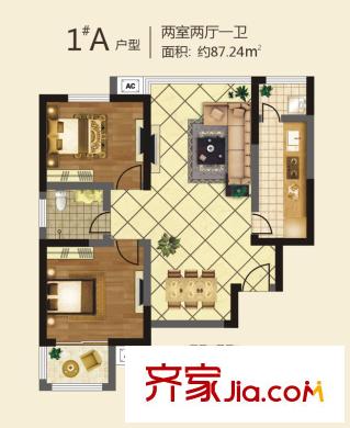 鉑廷1#A戶型 2室2廳1衛(wèi)1廚