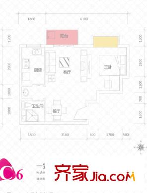 佳誠長安集23#-26#、28#、29#C6戶型 1室2廳1衛(wèi)1廚