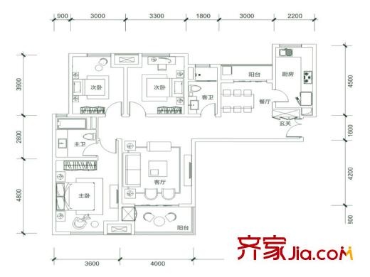 白樺林?明天4-9號(hào)樓A3戶型 3室2廳2衛(wèi)1廚