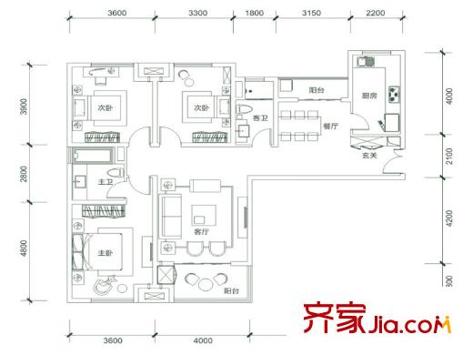 白樺林?明天4-9號(hào)樓A1戶型 3室2廳2衛(wèi)1廚