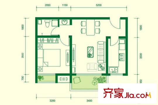 高科綠水東城三期1/4號(hào)樓D戶型 1室1廳1衛(wèi)1廚