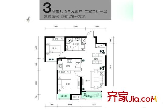高科綠水東城二期3號樓戶型 2室2廳1衛(wèi)1廚
