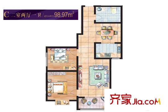 紫境城二期14、15號(hào)樓C戶型 2室2廳1衛(wèi)1廚
