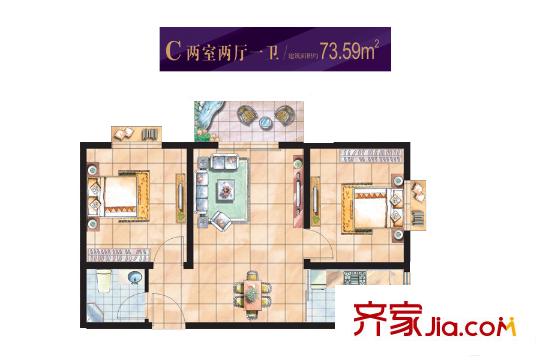 紫境城二期21、22號(hào)樓C戶型 2室2廳1衛(wèi)1廚