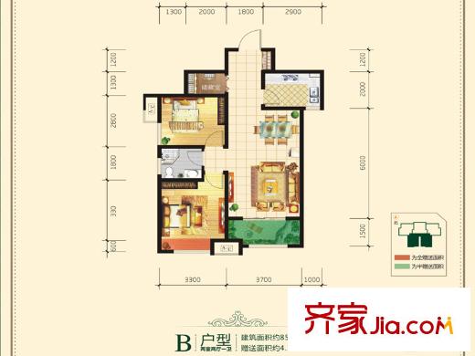 城市?錦上2號(hào)樓B戶型 2室2廳1衛(wèi)1廚
