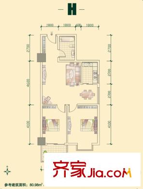 宏信國(guó)際花園2號(hào)樓H戶型 2室2廳1衛(wèi)1廚