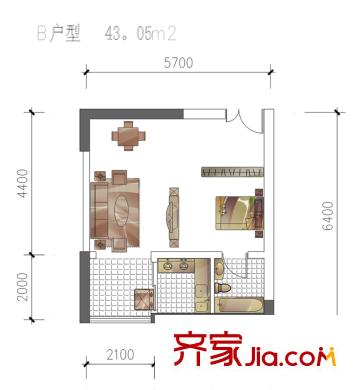 宏信國(guó)際花園4、6號(hào)樓 B戶型 1室1廳1衛(wèi)1廚