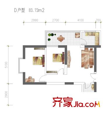 宏信國(guó)際花園4、6號(hào)樓 D戶型 2室1廳1衛(wèi)1廚