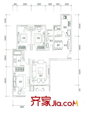 白樺林?明天6號(hào)樓A4戶型 3室2廳2衛(wèi)1廚