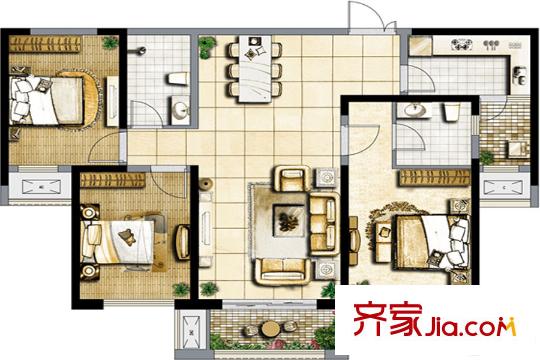 保利?拉菲公館15號樓124戶型 3室2廳1衛(wèi)1廚