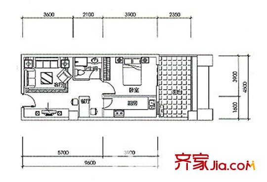 中貿(mào)廣場(chǎng)A戶型 1室1廳1衛(wèi)1廚