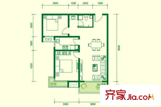高科綠水東城三期3/4號(hào)樓C戶型 2室2廳1衛(wèi)1廚