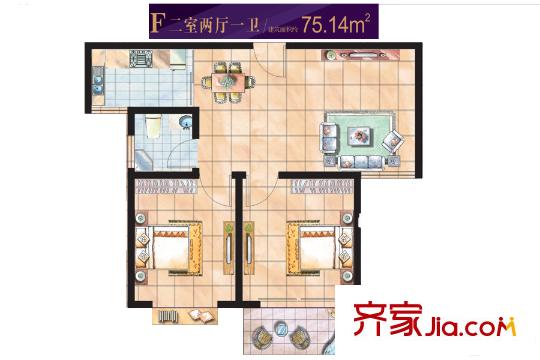 紫境城二期21、22號(hào)樓F戶型 2室2廳1衛(wèi)1廚