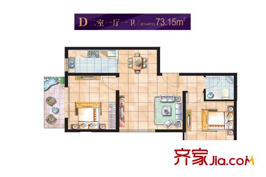 紫境城二期21、22號(hào)樓D戶型 2室1廳1衛(wèi)1廚