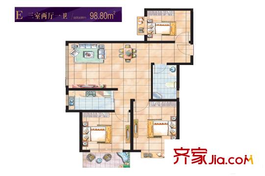 紫境城二期21、22號(hào)樓E戶型 3室2廳1衛(wèi)1廚