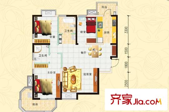 西岸國際花園四期A-1戶型在售 3室2廳1衛(wèi)1廚