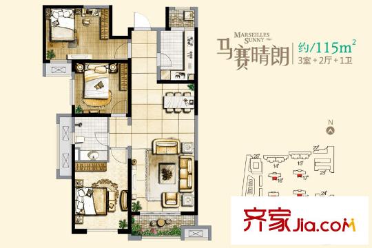 保利?拉菲公館17、19號樓115平戶型 3室2廳1衛(wèi)1廚