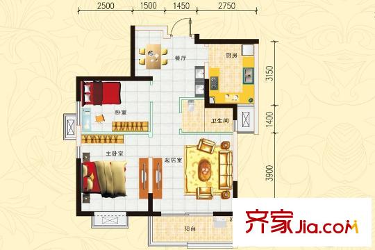 西岸國際花園四期B戶型 2室2廳1衛(wèi)1廚