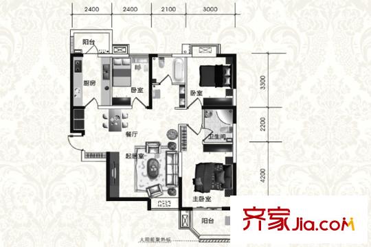 西岸國際花園三期現(xiàn)房清盤東苑A2戶型 3室2廳2衛(wèi)1廚