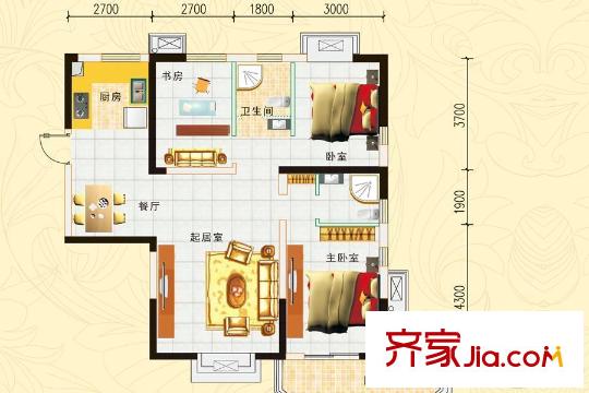 西岸国际花园四期c户型 3室2厅1卫1厨