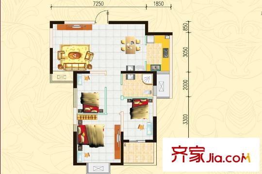 西岸國際花園四期D戶型 3室2廳1衛(wèi)1廚