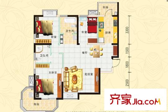 西岸國際花園四期A戶型 3室2廳1衛(wèi)1廚