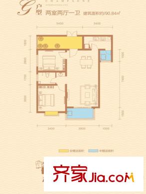 香繽國(guó)際城11號(hào)樓G戶型圖 2室2廳1衛(wèi)1廚